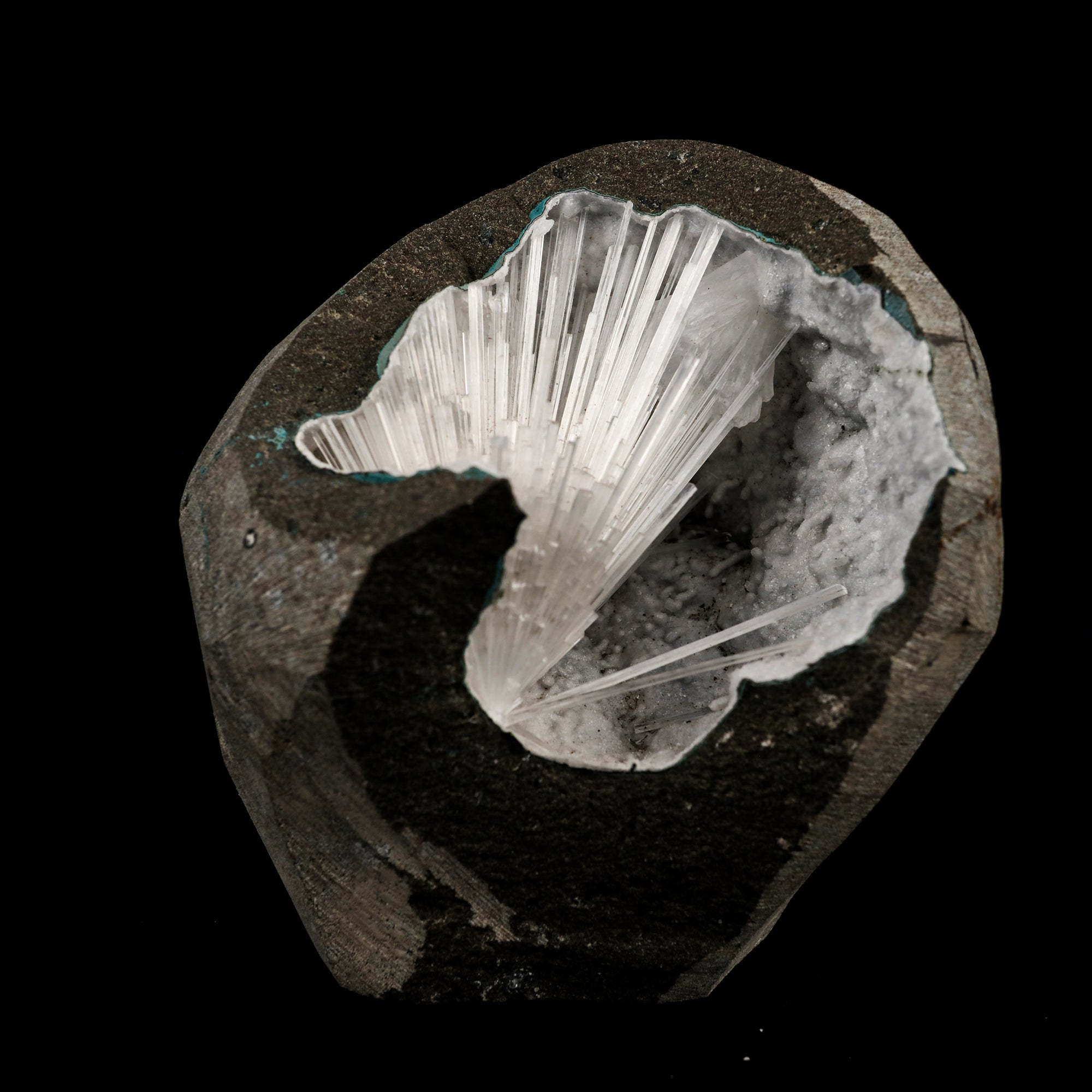 Scolecite Spray Inside MM Quartz Geode Natural Mineral Specimen # B 6410