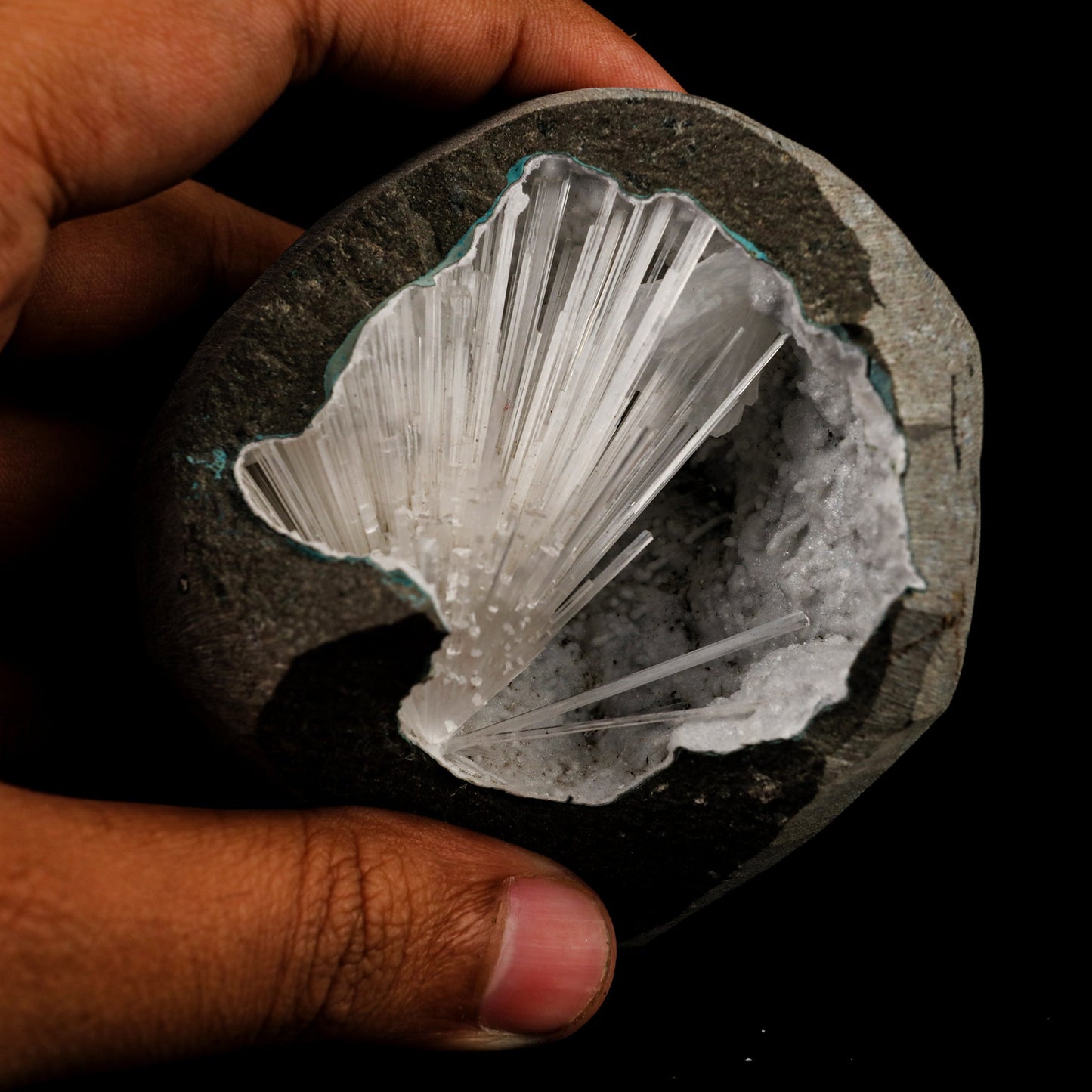 Scolecite Spray Inside MM Quartz Geode Natural Mineral Specimen # B 6410