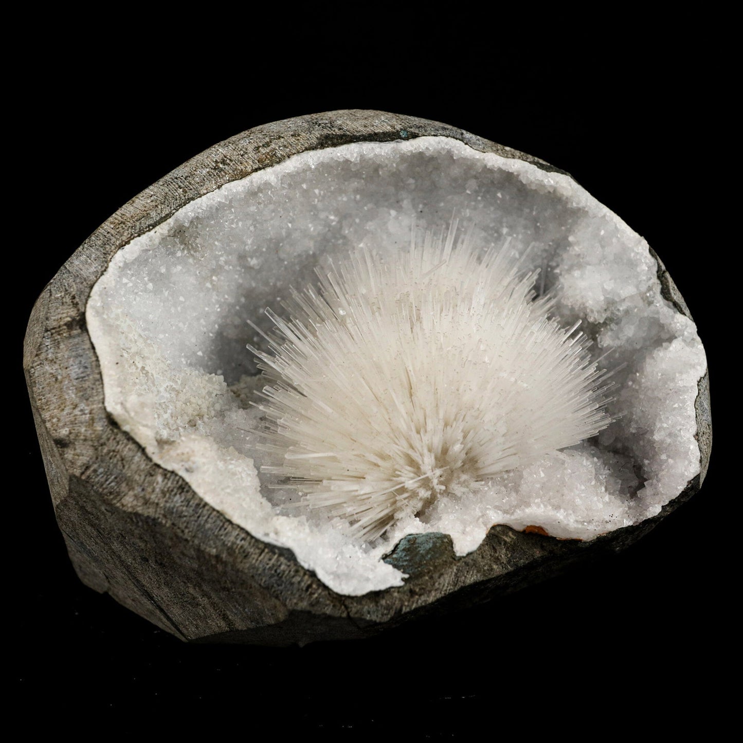 Scolecite Spray Inside MM Quartz Geode Natural Mineral Specimen # B 6565