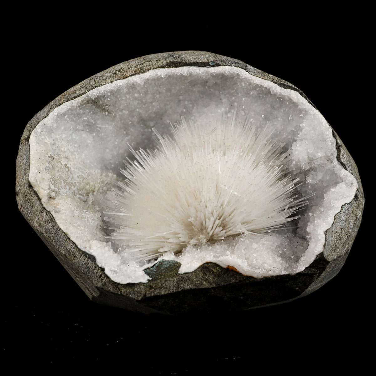 Scolecite Spray Inside MM Quartz Geode Natural Mineral Specimen # B 6565