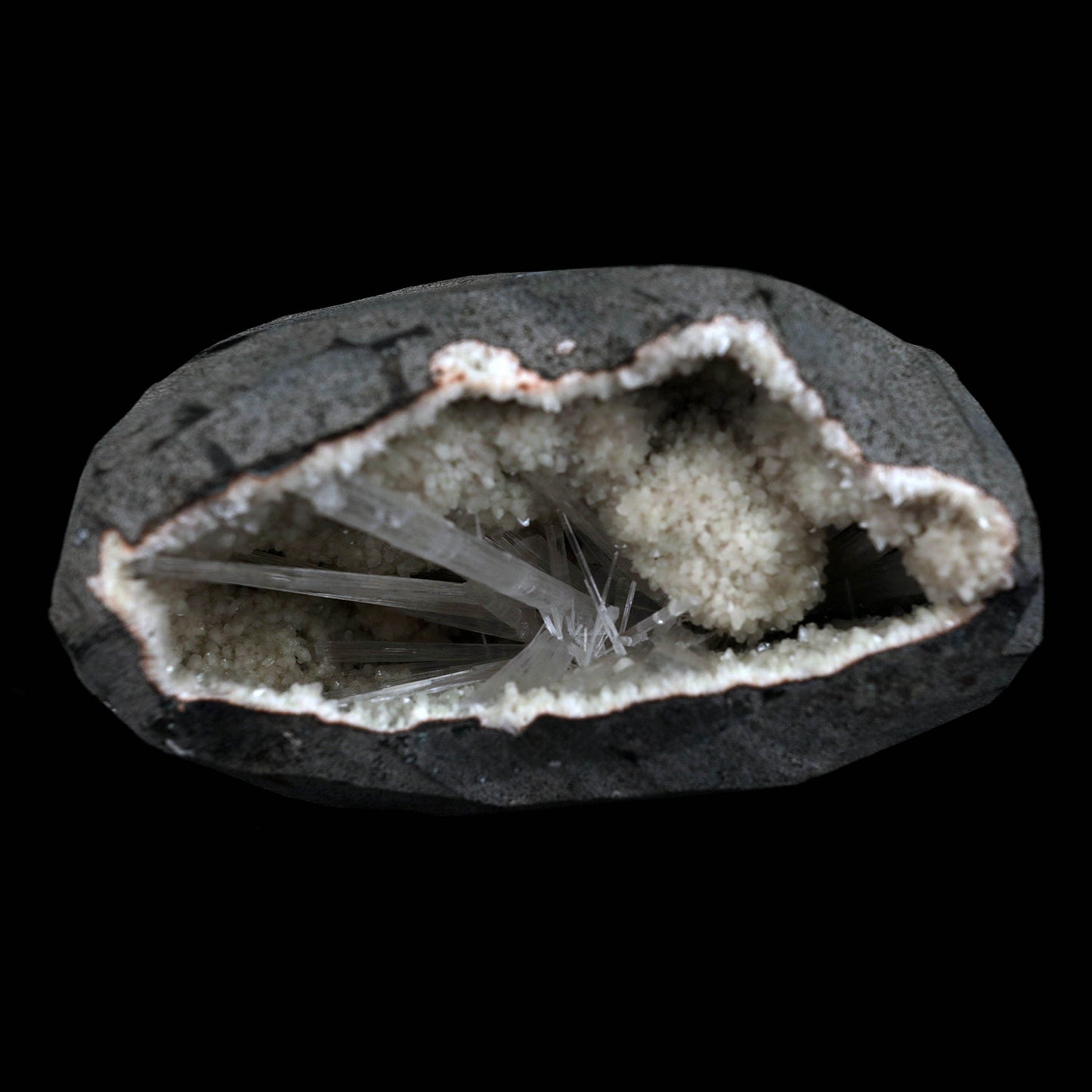 Scolecite Sprays Inside Geode Natural Mineral Specimen  # B 4649