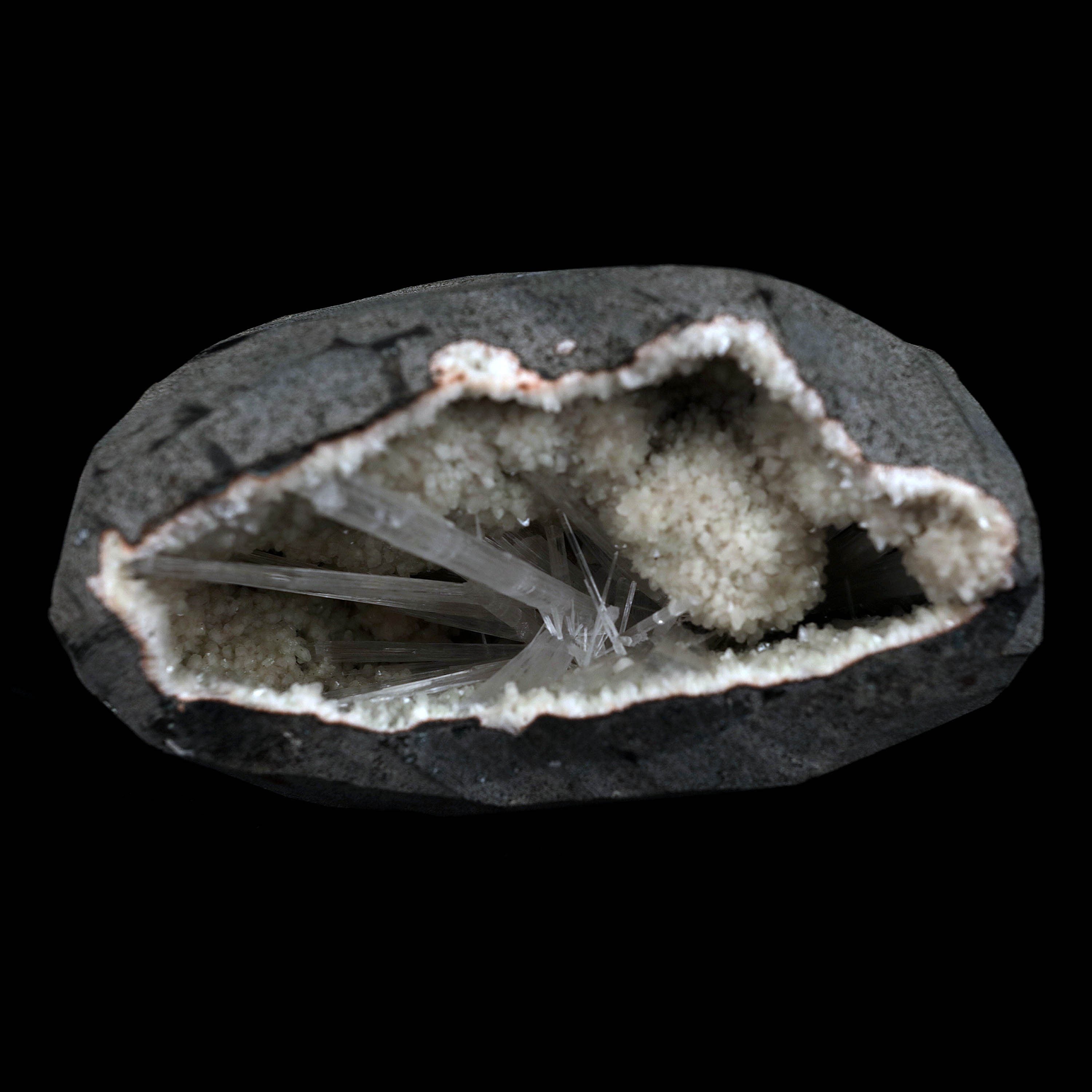 Scolecite Sprays Inside Geode Natural Mineral Specimen  # B 4649