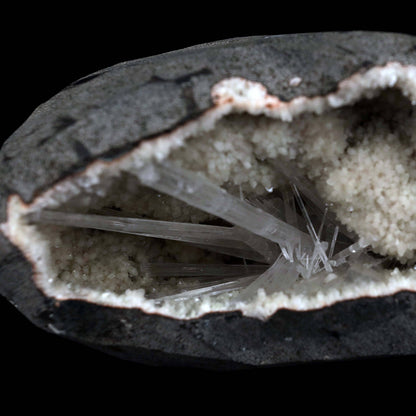 Scolecite Sprays Inside Geode Natural Mineral Specimen  # B 4649