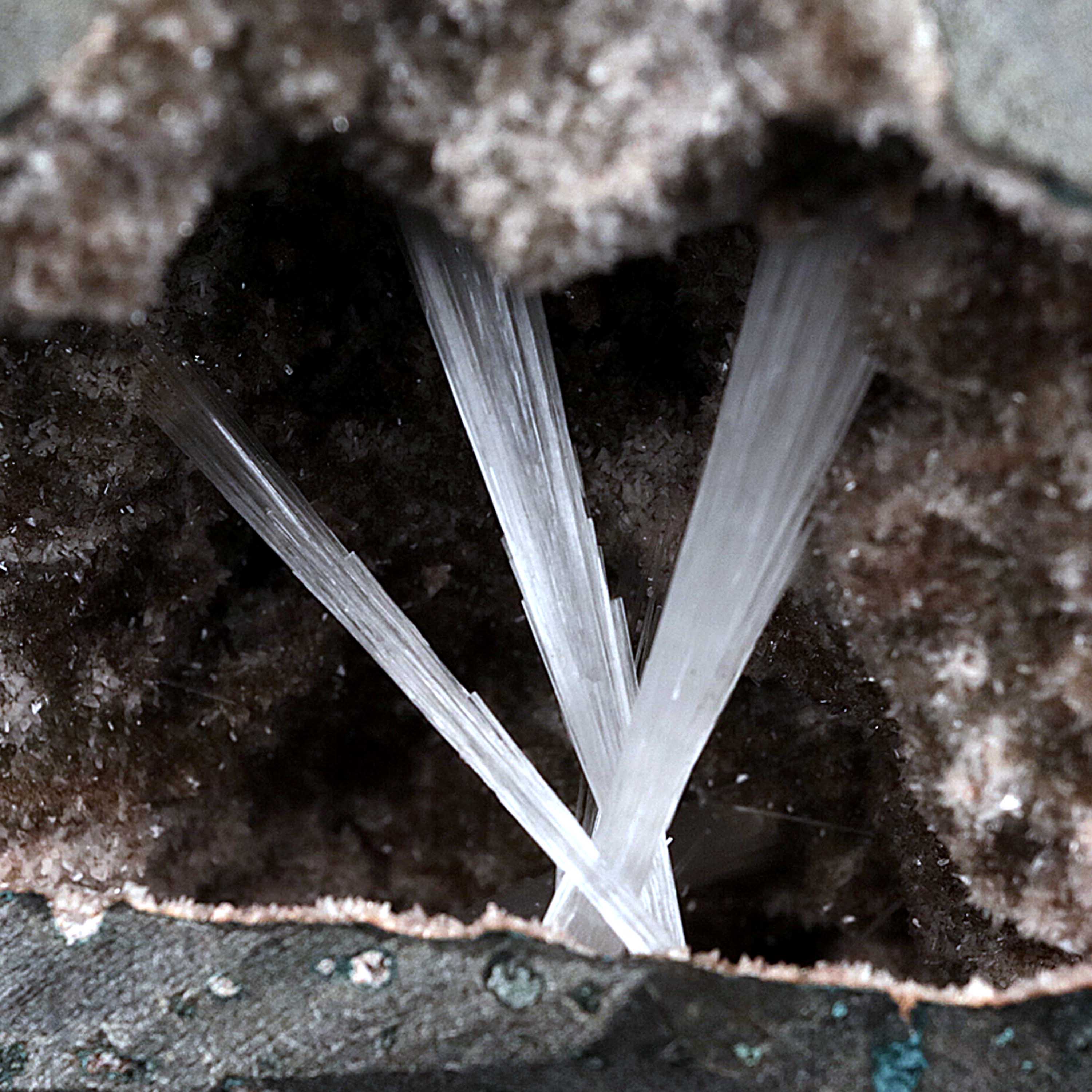 Scolecite Sprays Inside Geode Natural Mineral Specimen  # B 4650