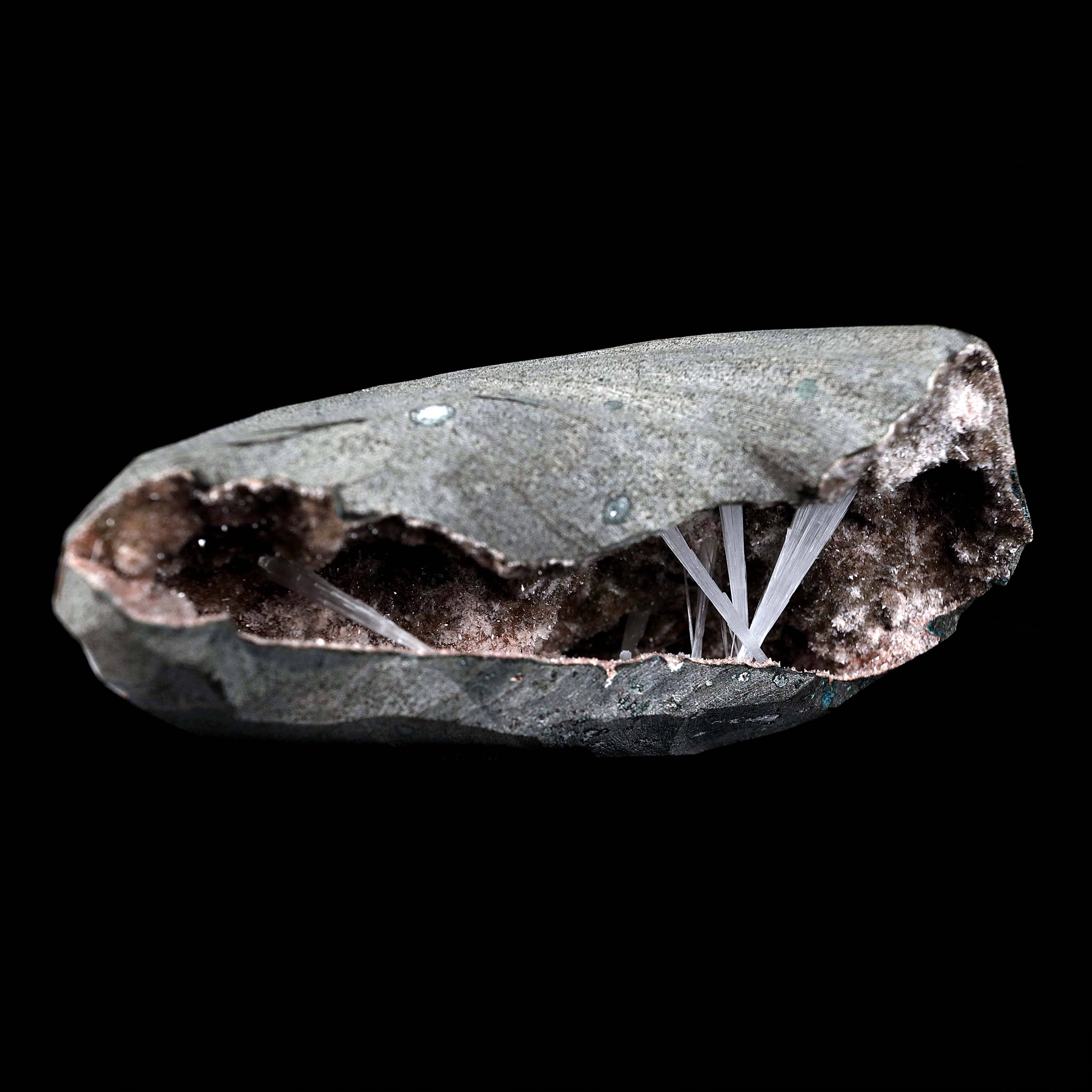 Scolecite Sprays Inside Geode Natural Mineral Specimen  # B 4650