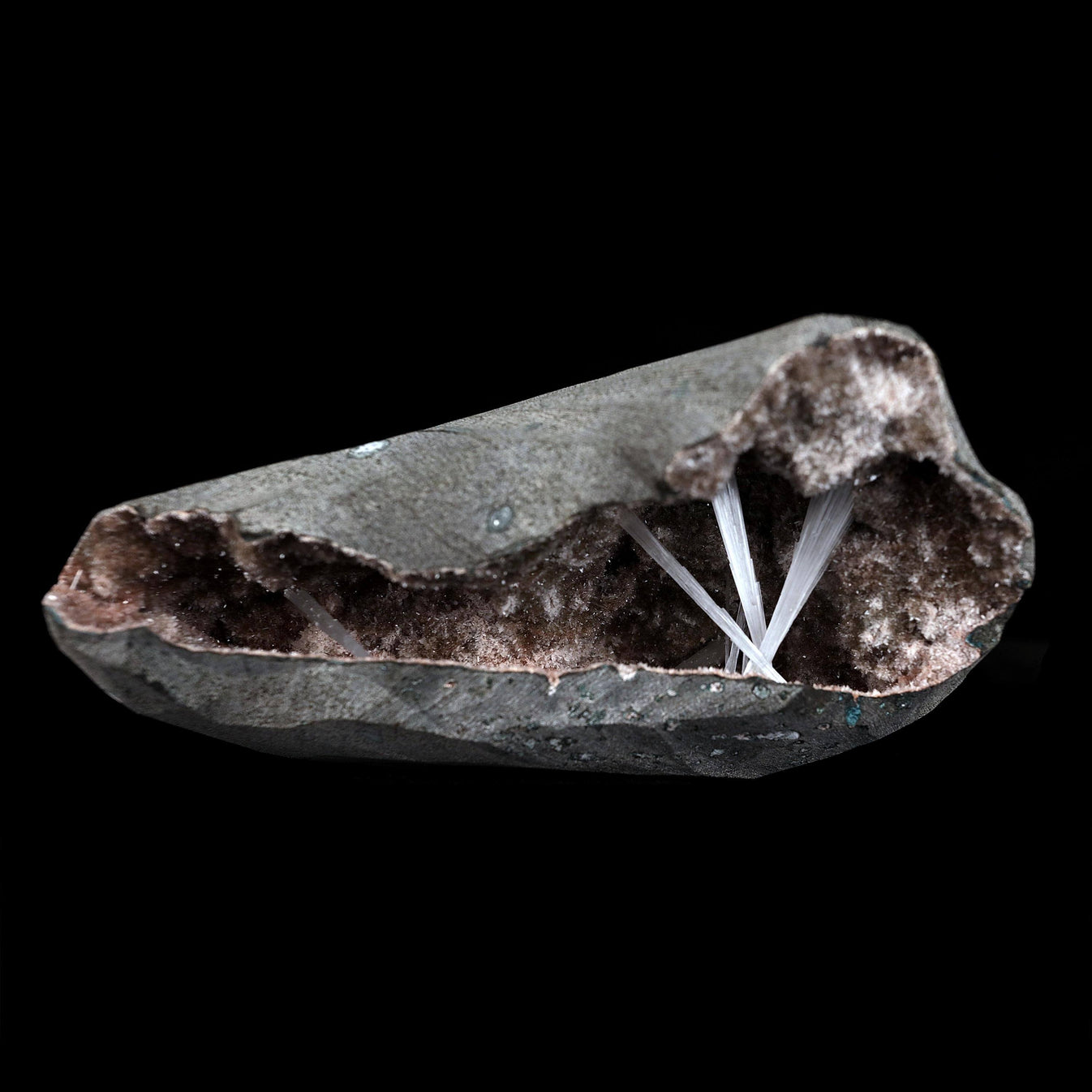 Scolecite Sprays Inside Geode Natural Mineral Specimen # B 4650 ...