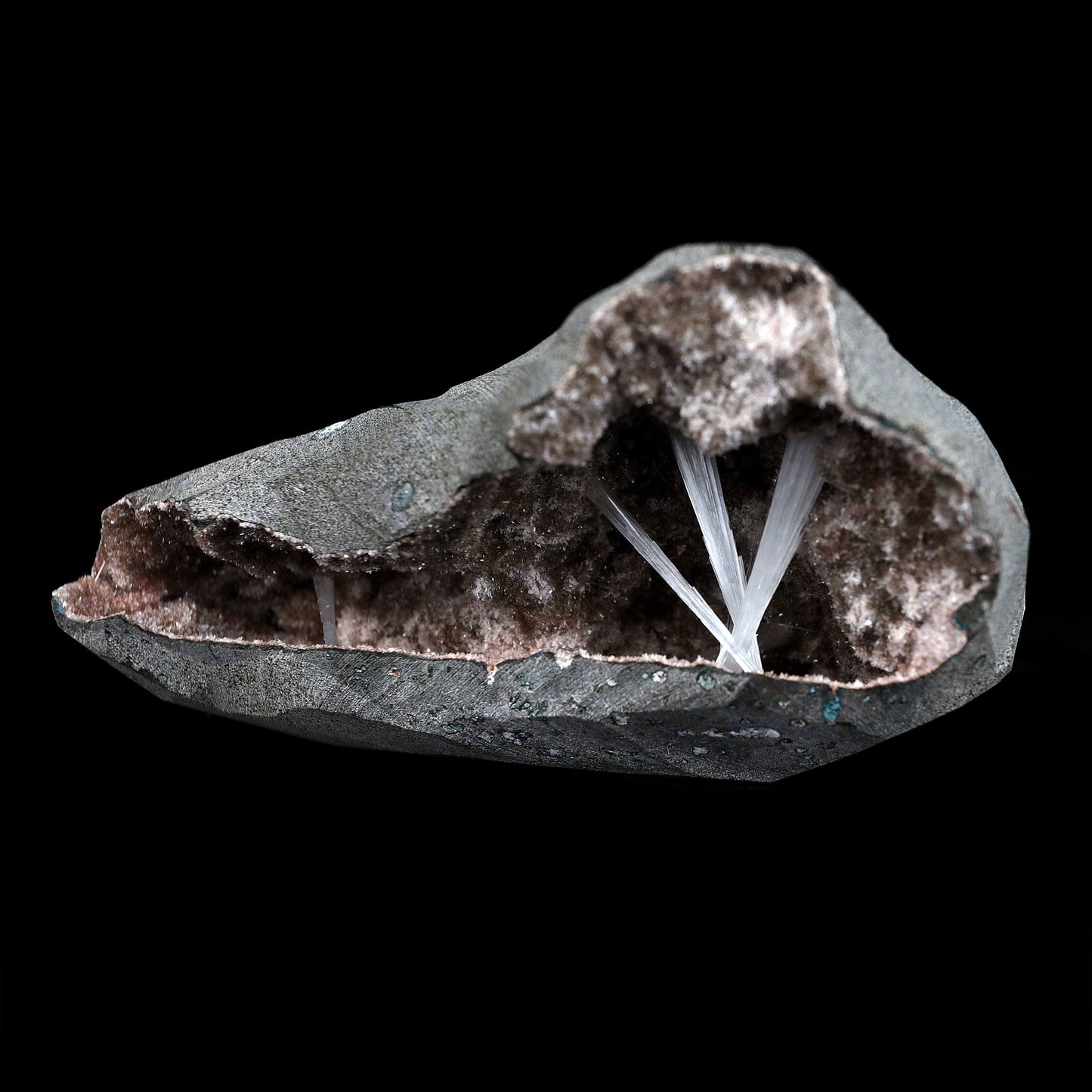 Scolecite Sprays Inside Geode Natural Mineral Specimen  # B 4650