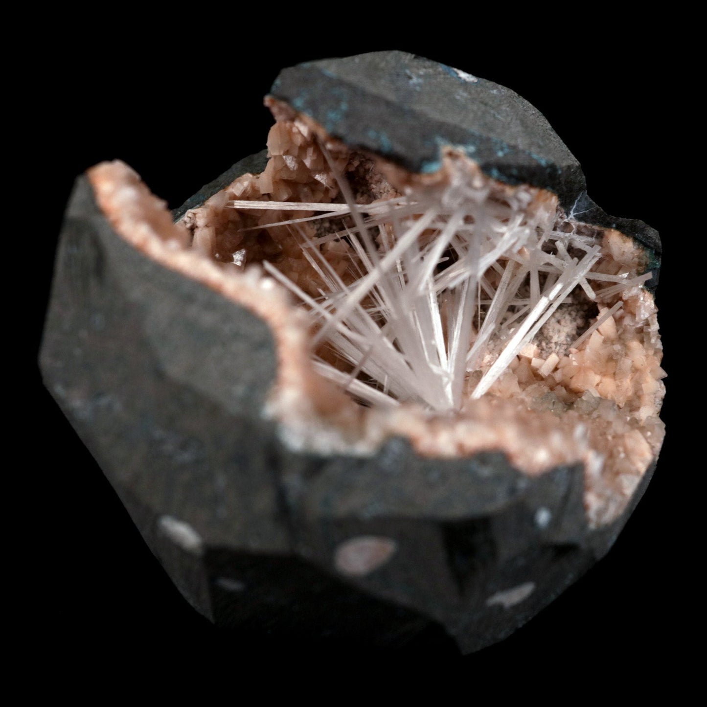 Scolecite Sprays Inside Heulandite Geode Natural Mineral Specimen  # B 4881