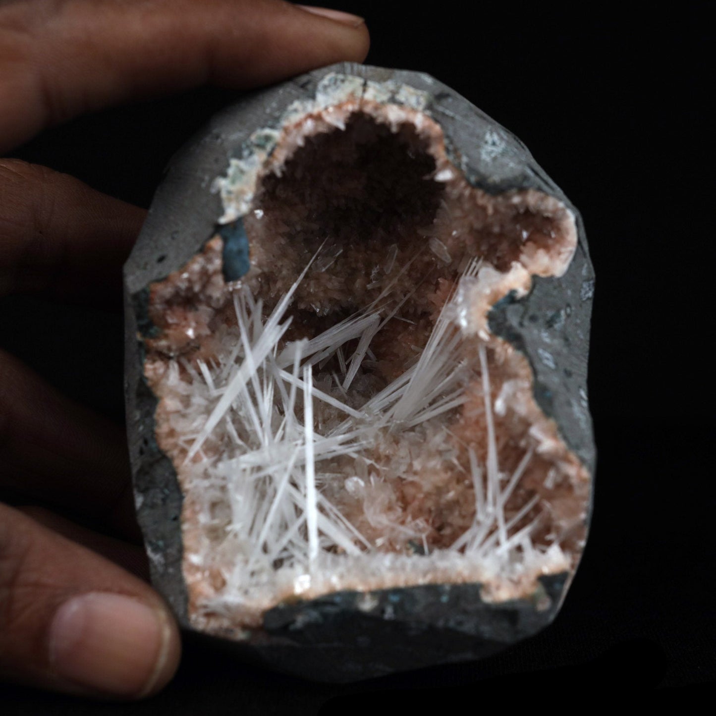 Scolecite Sprays Inside Heulandite Geode Natural Mineral Specimen  # B 4908