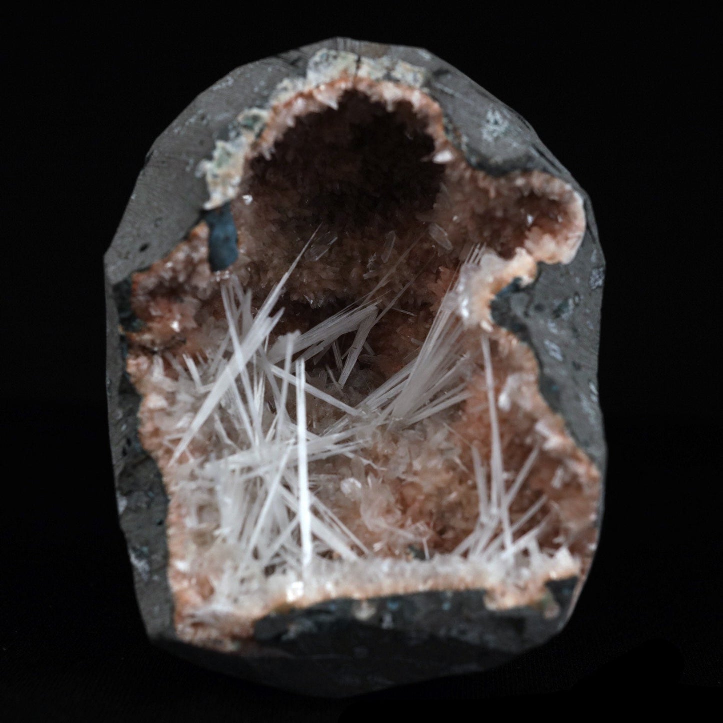 Scolecite Sprays Inside Heulandite Geode Natural Mineral Specimen  # B 4908