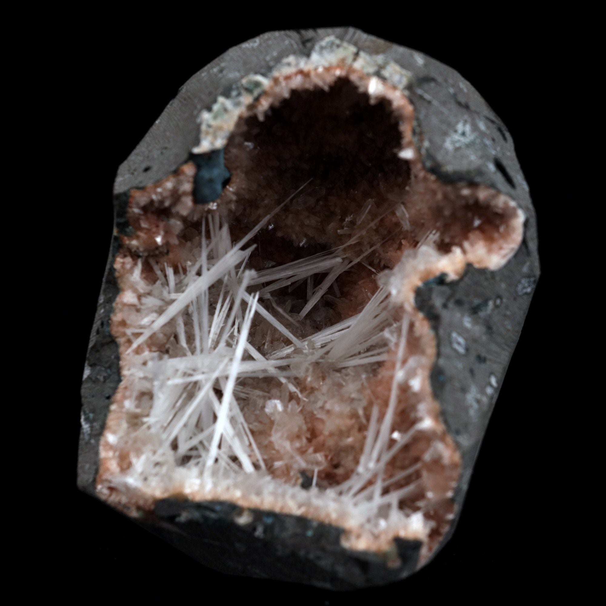 Scolecite Sprays Inside Heulandite Geode Natural Mineral Specimen  # B 4908