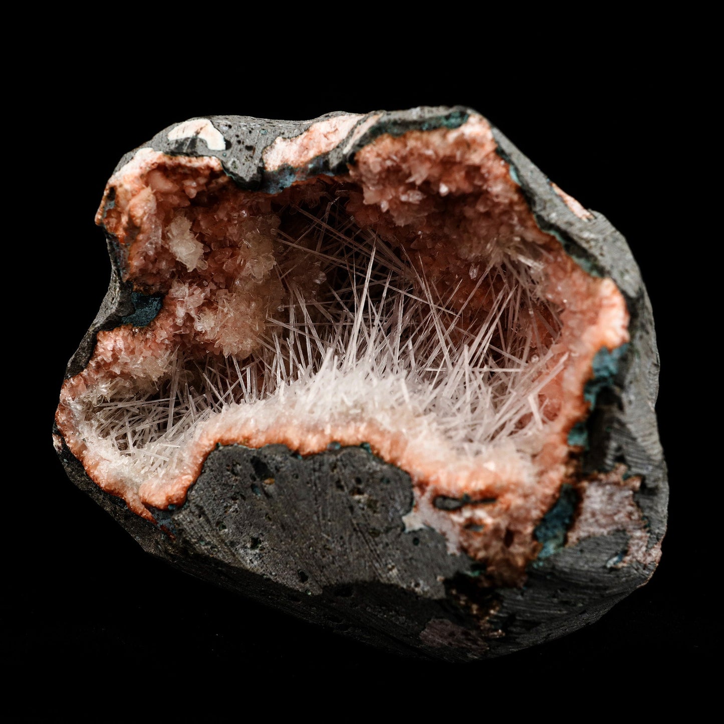 Scolecite Sprays Inside Heulandite Geode Natural Mineral Specimen  # B 5089