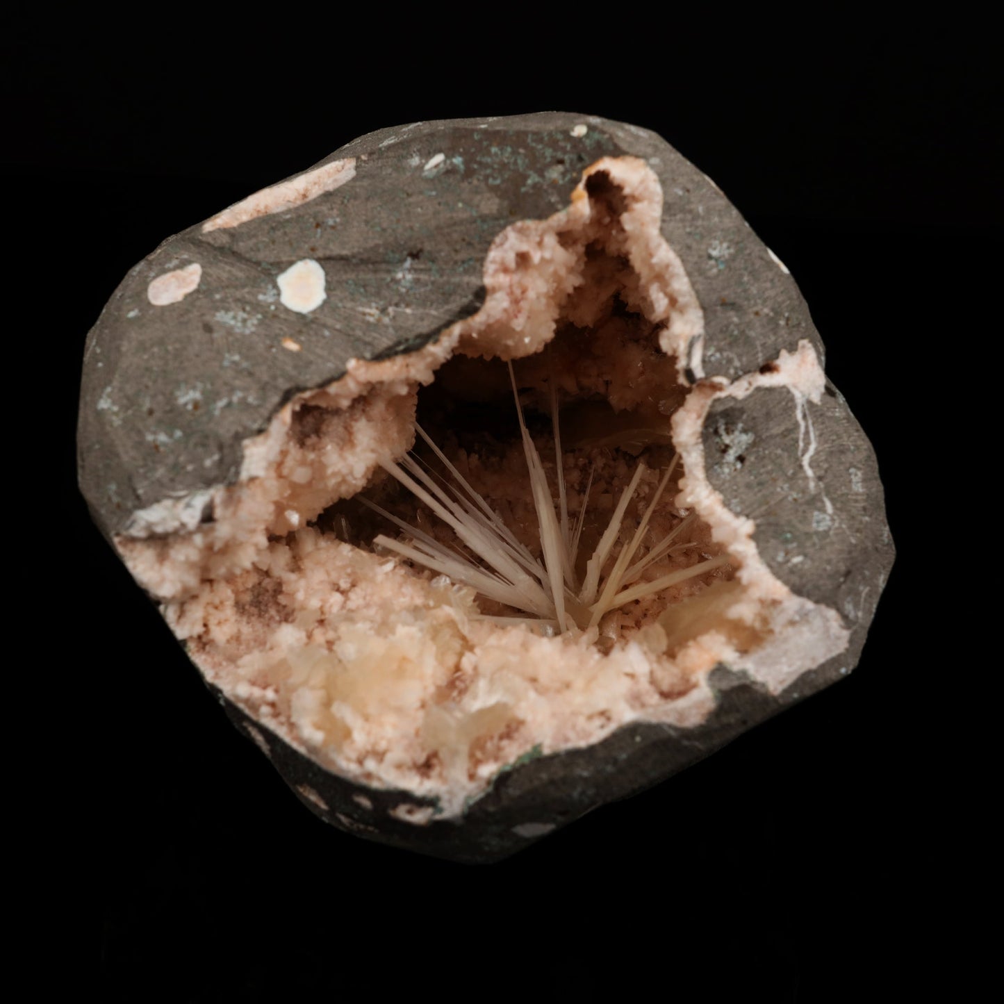 Scolecite Sprays Inside Heulandite Geode Natural Mineral Specimen # B 5600