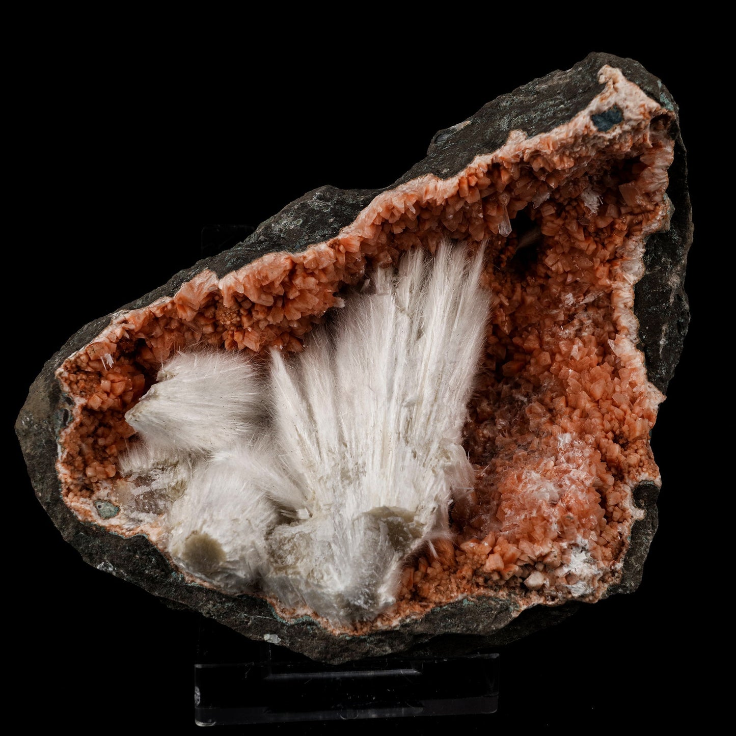 Scolecite Sprays Inside Heulandite Geode Natural Mineral Specimen # B 5685