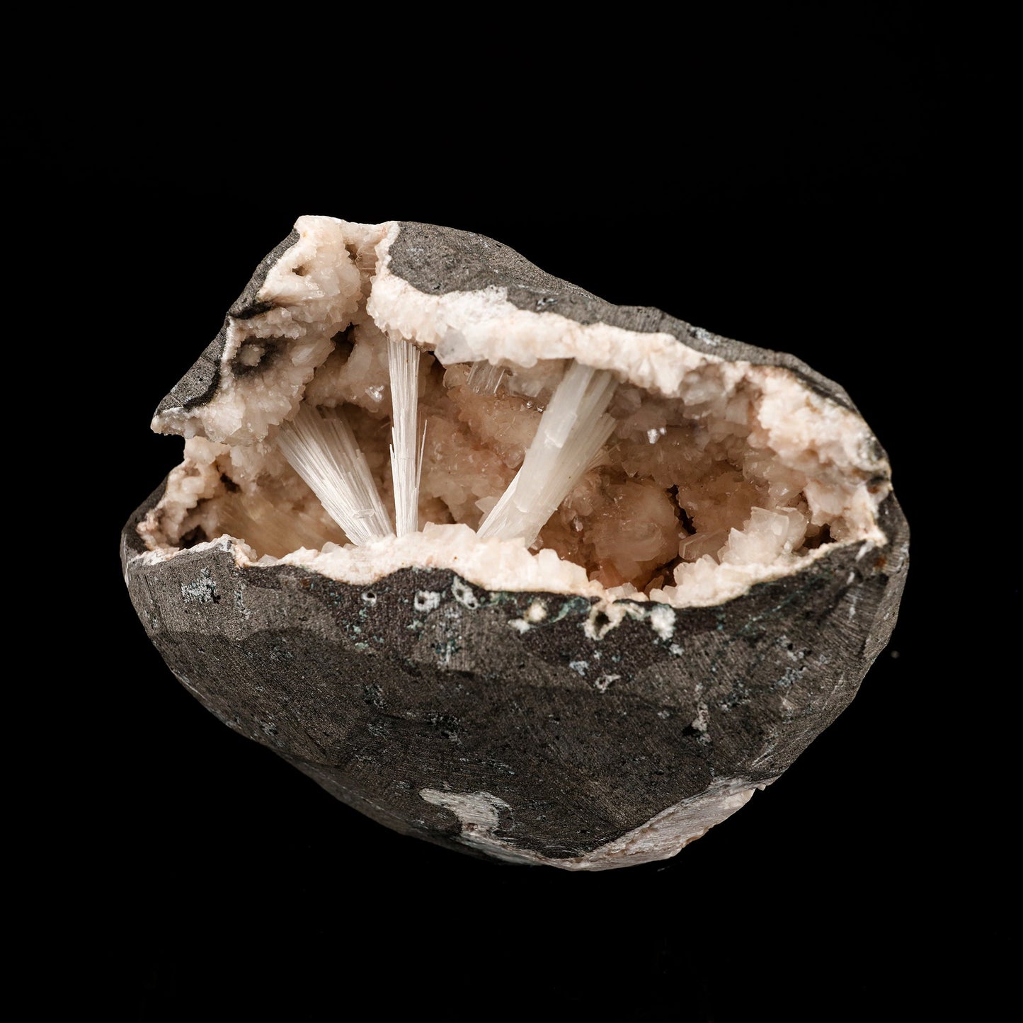 Scolecite Sprays Inside Heulandite Geode Natural Mineral Specimen # B 6283