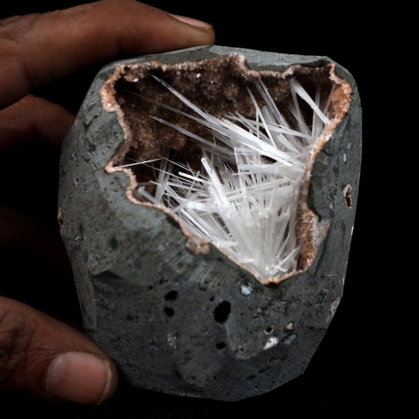 Scolecite Sprays On Heulandite With Stilbite Geode Natural Mineral Specimen  # B 4905