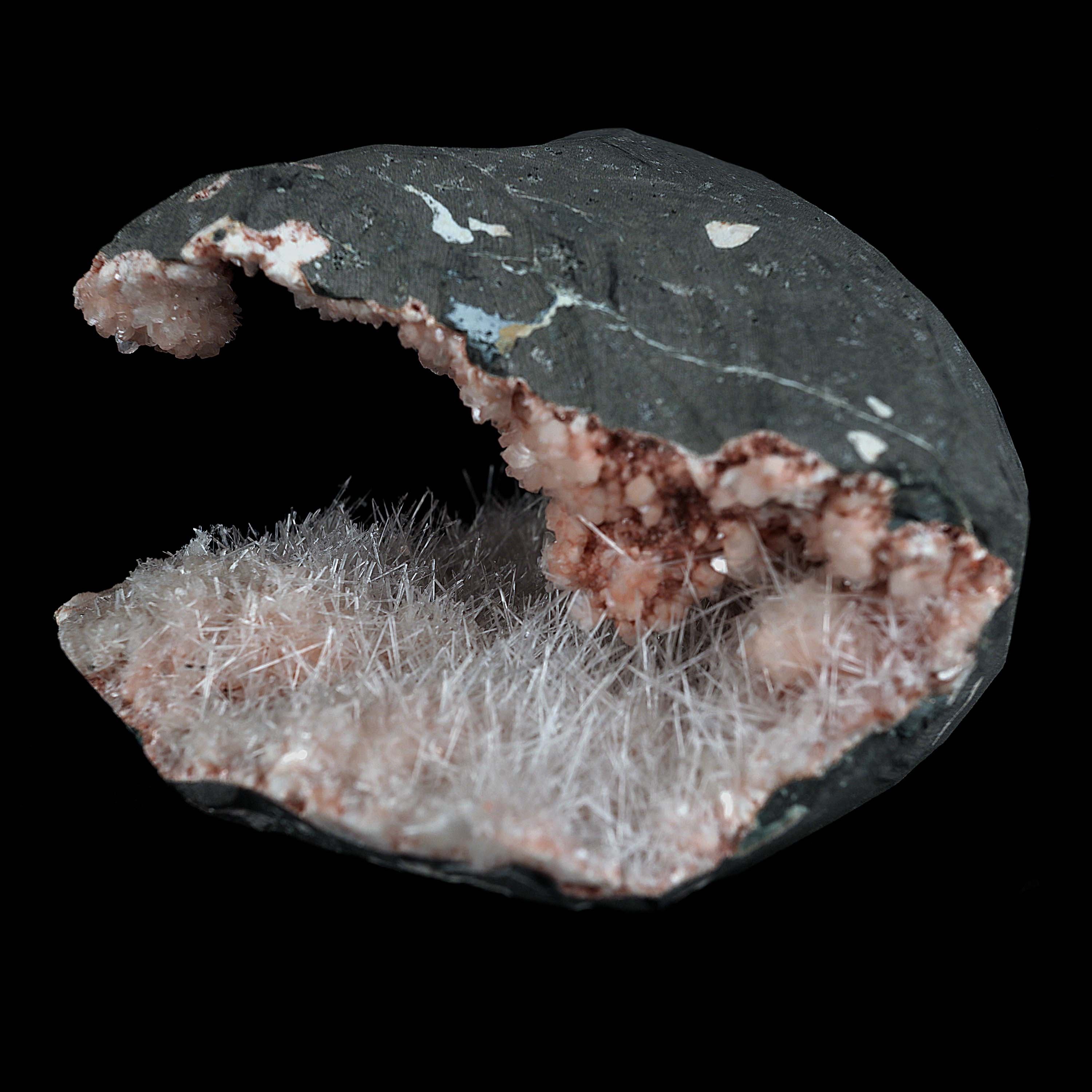 Scolecite Sprays with Stilbite Inside Heulandite Geode Natural Mineral Specimen  # B 4541