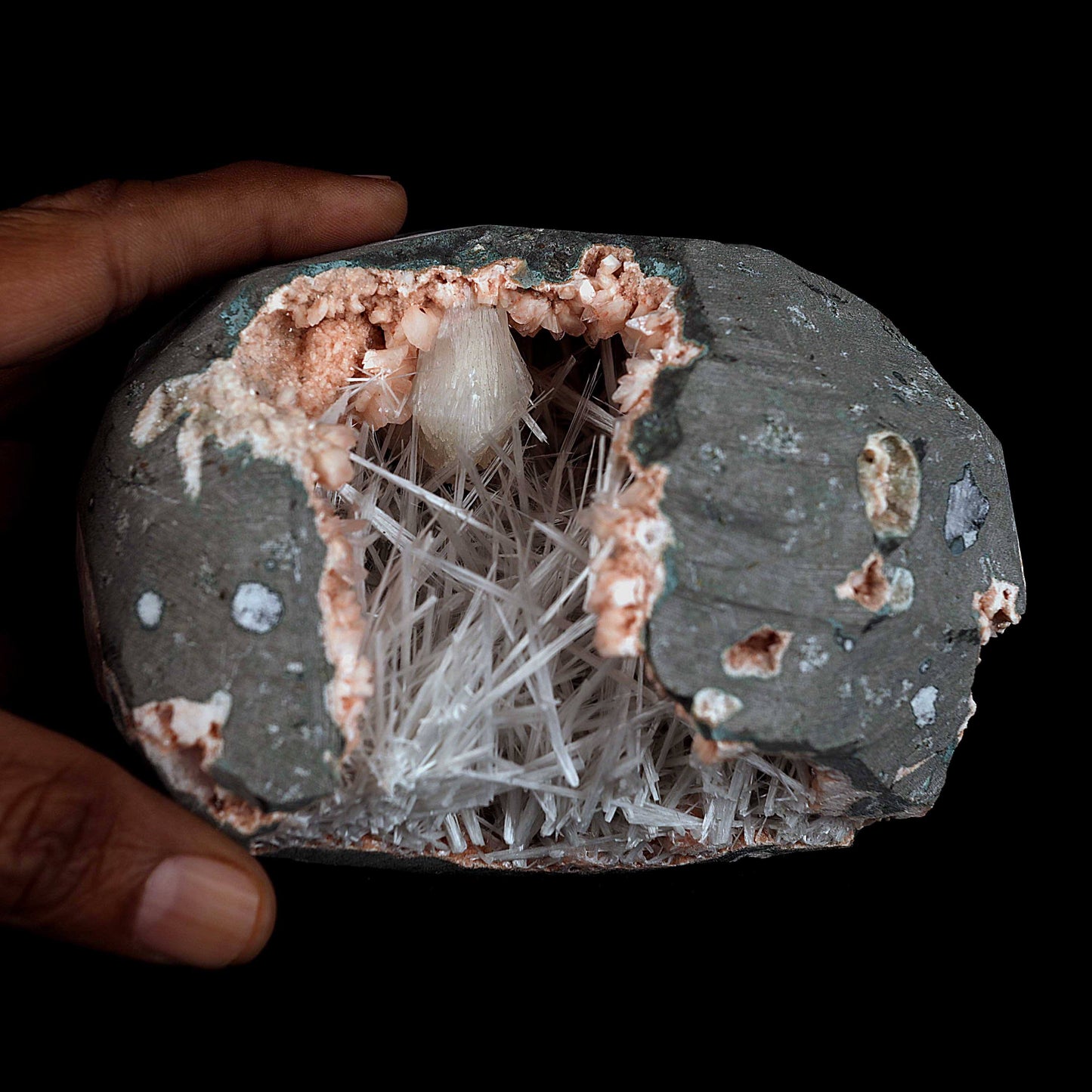 Scolecite With Stilbite Inside Heulandite Geode Natural Mineral Specimen  # B 4543